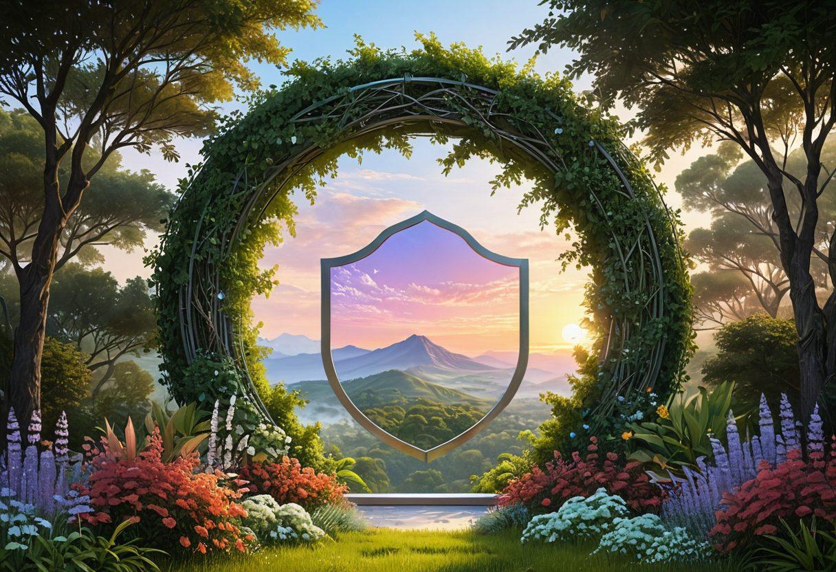 A serene digital landscape featuring a glowing shield surrounded by colorful, stylized flowers and vines, symbolizing protection and beauty. In the background, a secure vault is integrated into a nature scene, with soft pastel colors illuminating the sky to evoke a sense of tranquility and security. Add subtle binary code patterns blending into the foliage, representing online privacy. super-realistic. vibrant colors. digital art.